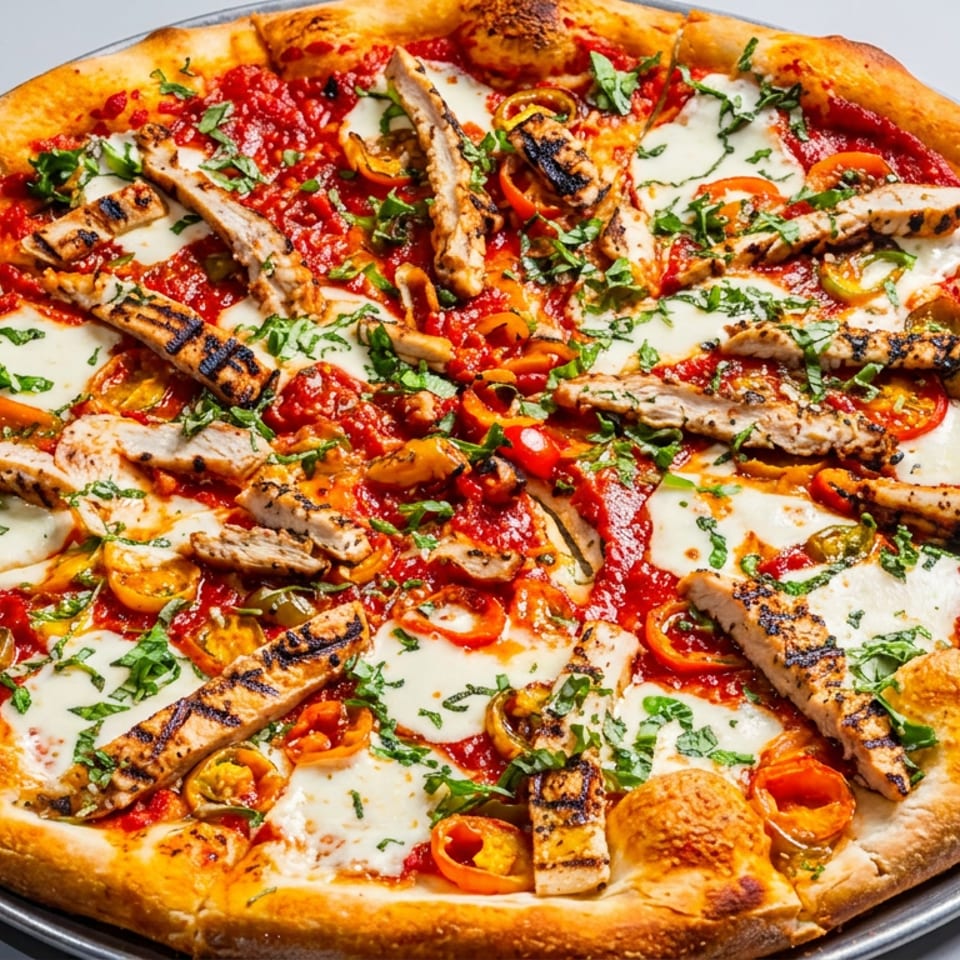 Round wood-fired pizza topped with grilled chicken, melted mozzarella, cherry tomatoes, tomato sauce, and fresh basil.