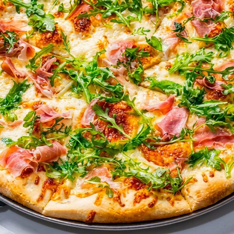Golden cheese pizza topped with prosciutto and fresh arugula, served on a metal pan and white plate.