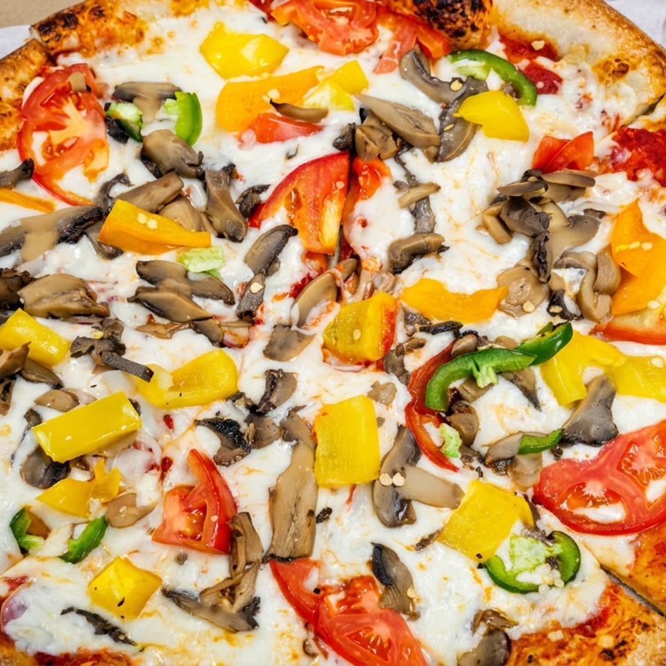 Vegetable pizza topped with mushrooms, tomatoes, yellow and green peppers, melted cheese, and tomato sauce in a cardboard box.