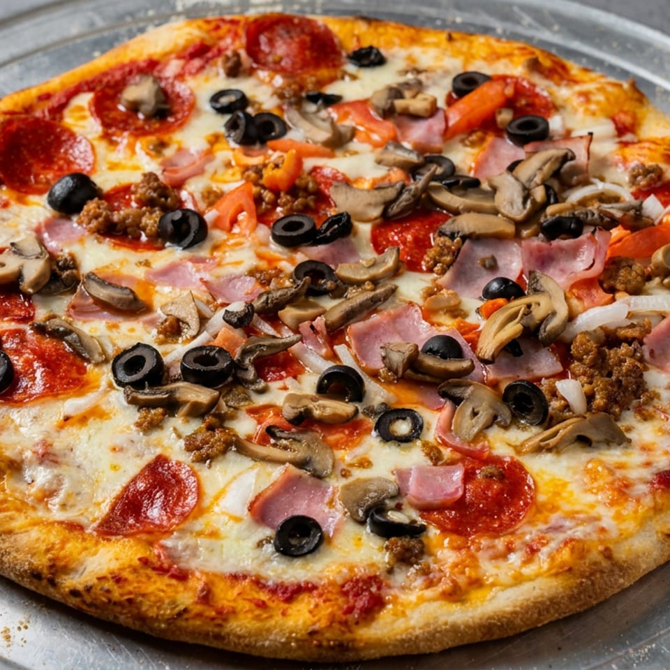 Loaded pizza topped with pepperoni, mushrooms, black olives, ham, sausage, peppers, and melted cheese on a metal tray.